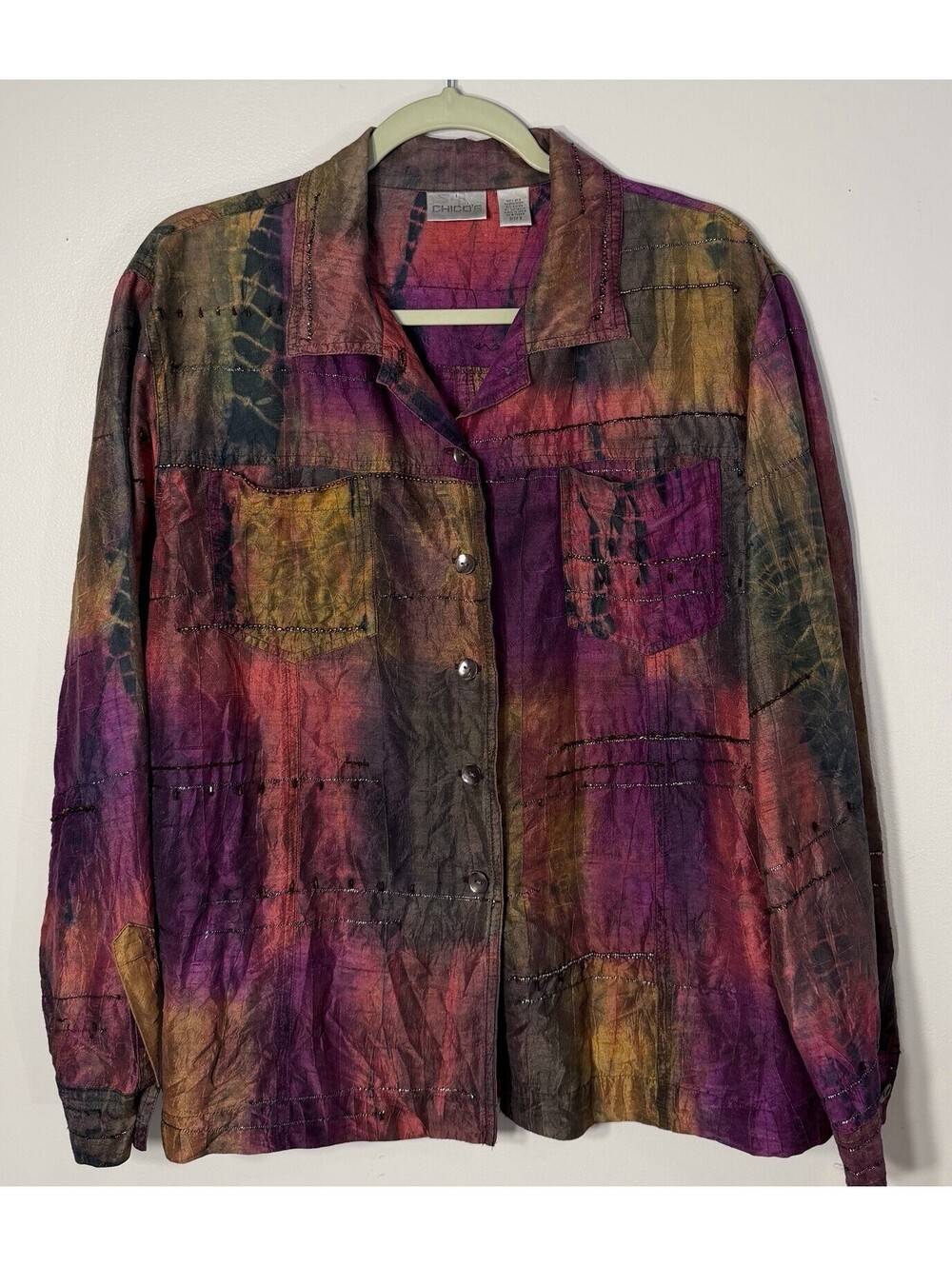 Chicos 100% Silk Vibrant Tie Dye Print Beaded Shirt Jacket Artsy Boho Chic Large